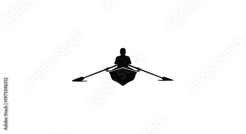 A lone rower on calm waters depicted in stark contrast silhouette