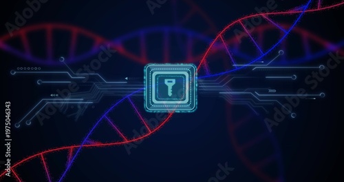 Pulsing cyan microchip with key sending circuit traces on navy canvas, red-blue DNA weaving