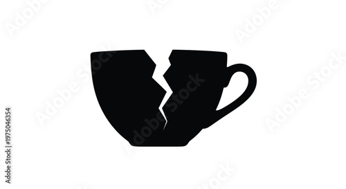 Broken teacup illustration against a white background a dark silhouette