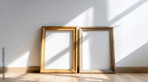 Two empty wooden frames leaning against a white wall in a minimal room, warm sunlight creating shadows