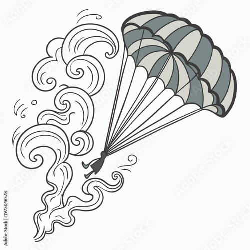 A parachute with a green and white striped canopy