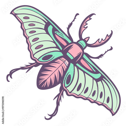 A colorful moth with green and pink wings
