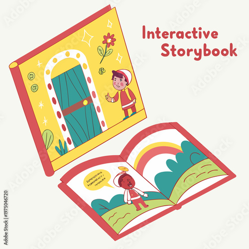 A colorful children's interactive storybook with a cartoon character