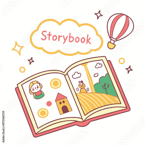 A storybook with a cartoon character and a castle