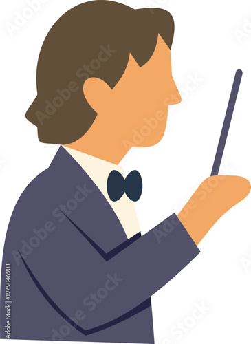 Conductor directing an orchestra with a baton, wearing a tuxedo