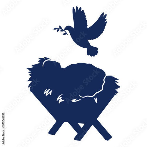 Silhouette of a baby in a manger with a dove flying over it