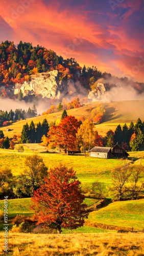 A vibrant autumnal scene of rolling hills, lush meadows, and colorful trees under a dramatic, fiery sunset