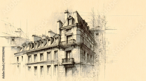 architectural sketch background with pencil-style drawing.