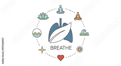 Mindful breathing illustration with wellness symbols and heart for relaxation and meditation