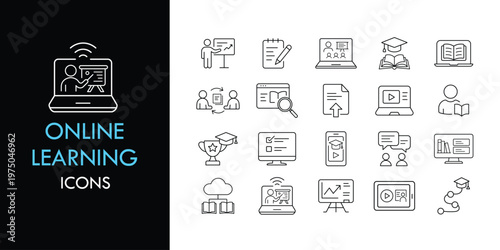 Online learning line icon set, outline web icon collection containing Study, Education, Course and more, vector illustration in line style