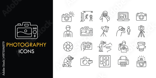 Photography line icon set, outline web icon collection containing Camera, Lens, Photo and more, vector illustration in line style