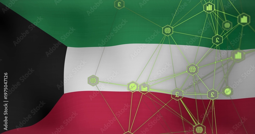 Fototapeta premium Displaying Kuwait flag with neon network overlay in digital graphic, showing hex nodes and glyphs