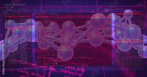 Rotating translucent 3D molecular network model centered among terminal windows, showing hex dumps