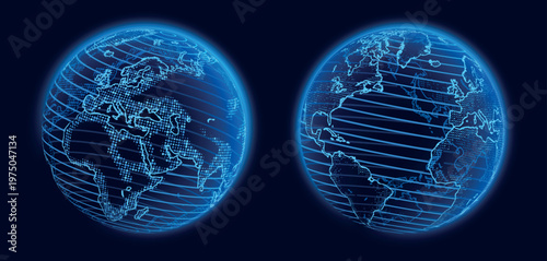 Vector illustration. Set of isolated objects. Planet Earth. Global map. Future. Modern technological dark blue background. World Wide Web Internet. Technology, innovation and communication.