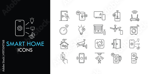 Smart home line icon set, outline web icon collection containing Control, Automation, Wireless and more, vector illustration in line style