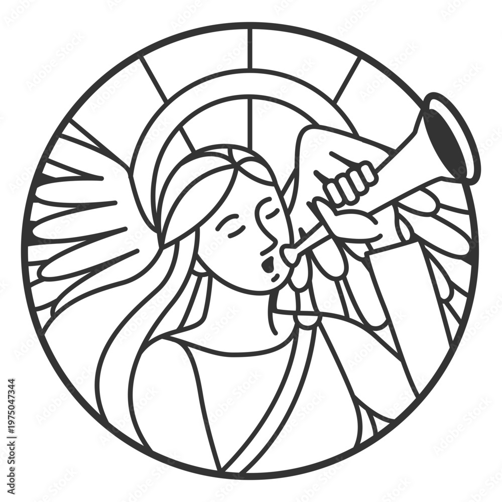 Fototapeta premium Black and white illustration of an angel with a trumpet