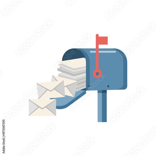 Full mailbox with overflowing letters and white envelopes vector illustration isolated on white background postal service mail delivery communication and correspondence concept flat design icon.
