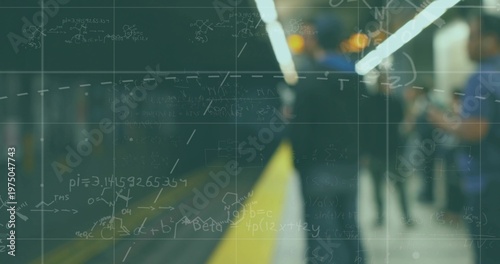 Framing platform edge with yellow strip and blurred commuter holding phone on metro, math overlay