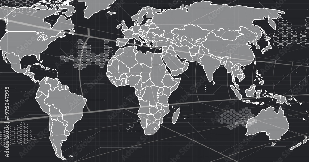 Naklejka premium Displaying stylized world map filling frame on dashboard, with hexagonal clusters and gridlines