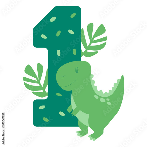 Green dinosaur is standing next to a number 1