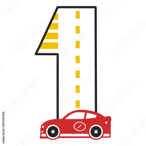 Red car driving down a road with the number one on it