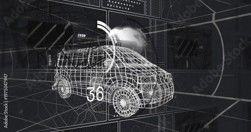 Rotating wireframe van upon system starting scan in AR workspace showing numeric 36 and radial arcs