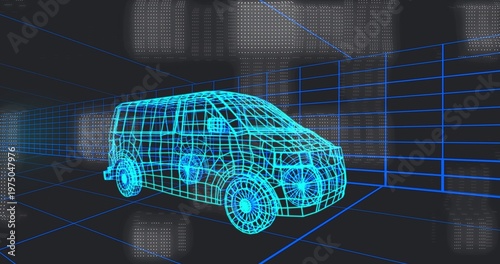Displaying wireframe van model showing mesh lines, wheels mirror in depth grid with dotted panels