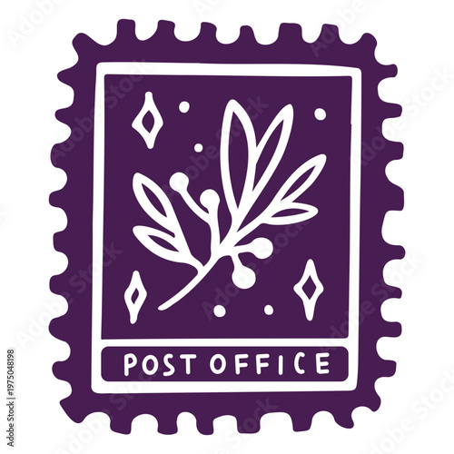 Purple post office stamp with a leaf on it
