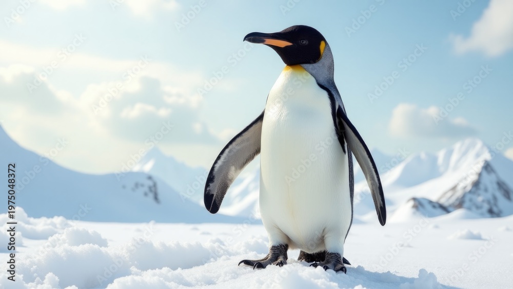 Fototapeta premium A penguin standing in the snow with mountains in the background