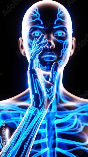 A digital representation of a human figure featuring glowing blue neural pathways and skeletal structures against a dark background