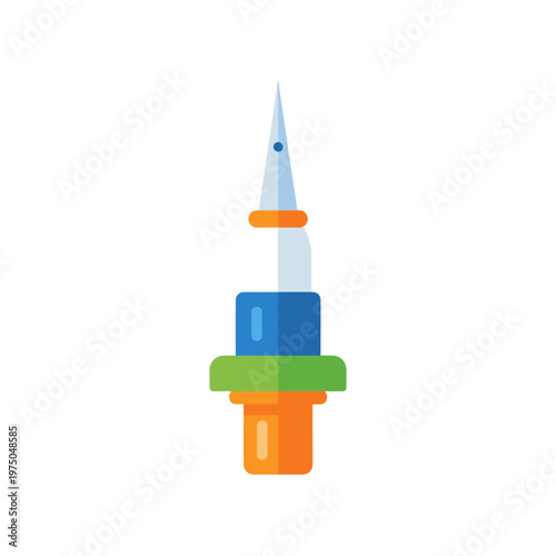 Soldering iron tip with blue, green, and orange accents, close up view, graphic design element on white background, cut out, isolated object.