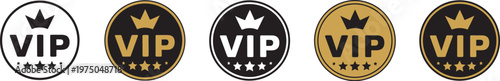 VIP label icon, circular badge with crown and stars vector illustration premium emblem elite membership exclusive status luxury highlight symbol