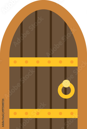 Arch wooden door with a round knocker creating a flat vector illustration