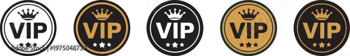 VIP label icon, circular badge with crown and stars vector illustration premium emblem elite membership exclusive status luxury highlight symbol