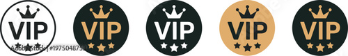 VIP label icon set, crown and stars circular badge vector illustration premium emblem elite membership exclusive status luxury pictogram