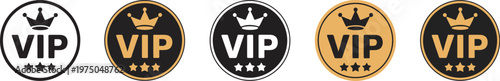VIP label icon set, crown and stars circular badge vector illustration premium emblem elite membership exclusive status luxury pictogram