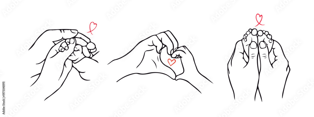 Obraz premium Minimalist line art illustration of parent and child hands forming hearts and gentle touch. Concept of family love, care, protection and bonding, with red accents symbolizing warmth