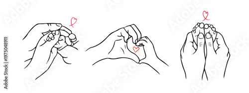 Minimalist line art illustration of parent and child hands forming hearts and gentle touch. Concept of family love, care, protection and bonding, with red accents symbolizing warmth