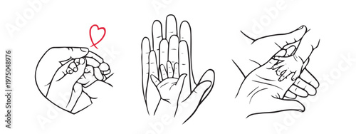 Minimalist line art of parent and newborn hands in gentle touch and protection poses. Family care, motherhood and bonding concept with soft emotional connection and warmth