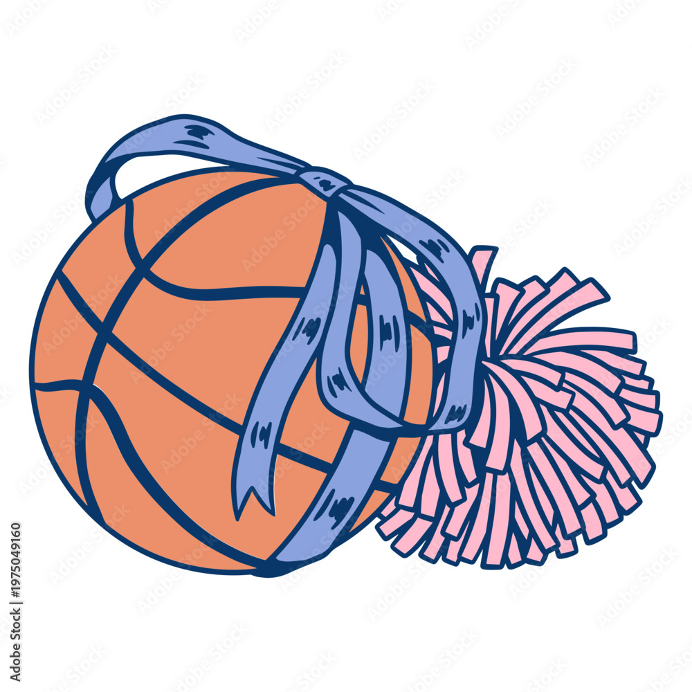 Fototapeta premium Playful basketball design with a ribbon and pom-pom
