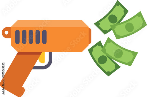 Money gun releasing flying banknotes symbolizing financial wealth and success