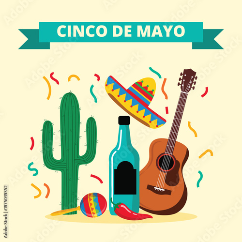Cinco de Mayo card with cactus guitar bottle and chili