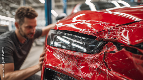 Man inspecting extensive front-end damage on a red vehicle after a collision in an automotive repair workshop with focused attention on the shattered metal and headl