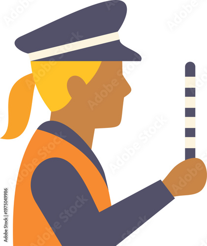 Female traffic warden in uniform holding a control baton, ensuring road safety