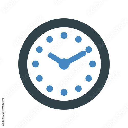 Blue and white vector clock icon with bold hands and dotted markers