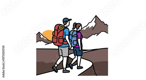 Couple hiking together on mountain trail.