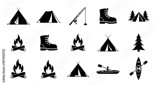 Camping icons and travel symbols.