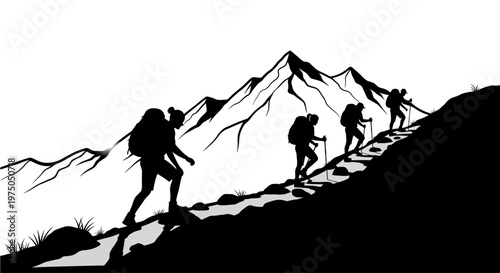 People Hiking Up Mountain Trail Silhouettes.