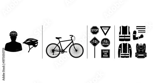 Bicycle and cycling safety gear icons.