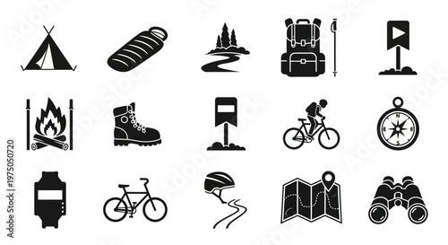 Camping and hiking travel icons set.